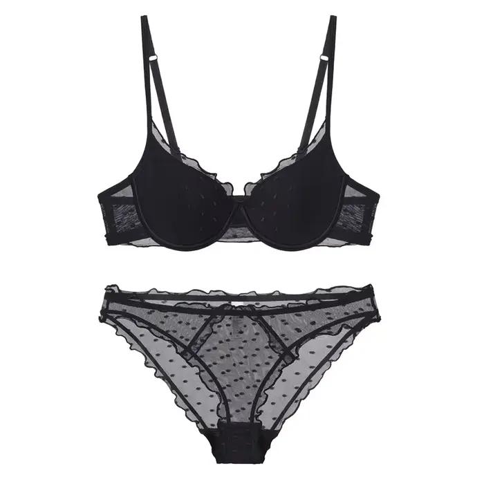 Ensemble de lingerie deux pièces en dentelle française à pois, avec effet de rassemblement et de lifting pour petites poitrines, anti-affaissement et maintien latéral des seins