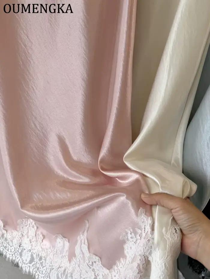 OUMENGKA Letná francúzska elegantná saténová morská panna sukňa pre ženy čipka patchwork elastický pás dlhá a-línia sukne módne dámy