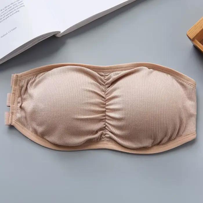 Soutien-gorge bandeau côtelé sans bretelles pour femme, anti-dérapant, froncé, avec coussinets amovibles et respirants, crochets dorsaux réglables, taille unique