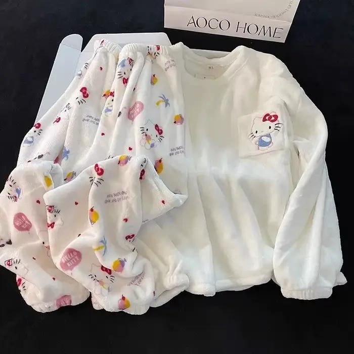 Pyjama d'hiver chaud en flanelle et velours corail pour fille, motif Cinnamoroll, Kuromi, My Melody, style anime kawaii 2026