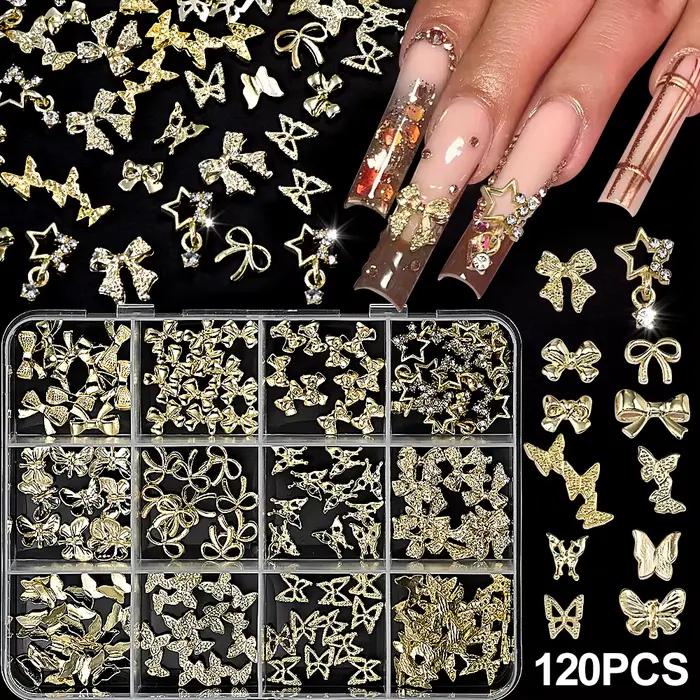 120 ks/škatľa 3D zlatá mašľa motýľ nechtové prívesky z lesklého kovu roztomilý motýlik/diamant hviezda nechtový šperk
