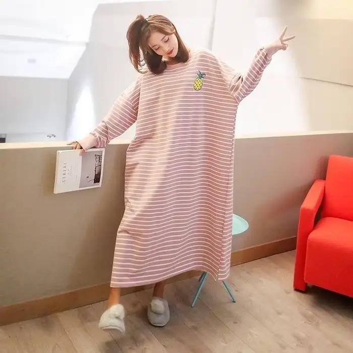 Chemise de nuit femme M-5XL automne manches longues rinçage longueur rayé Preppy mn adolescents Kawaii loisirs vêtements de nuit maison confortable mode