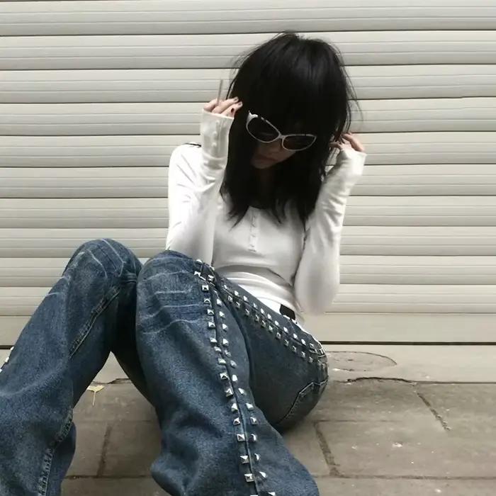Karrcat Trashy Y2k Tričko s potlačou lebky Grunge estetický falošný dvojdielny top Vintage 2000s Streetwear štýl