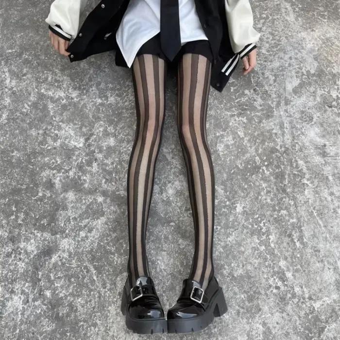 Ultra jemné nylonové pančuchy pre ženy, sexy, čierne, pásikavé, letné