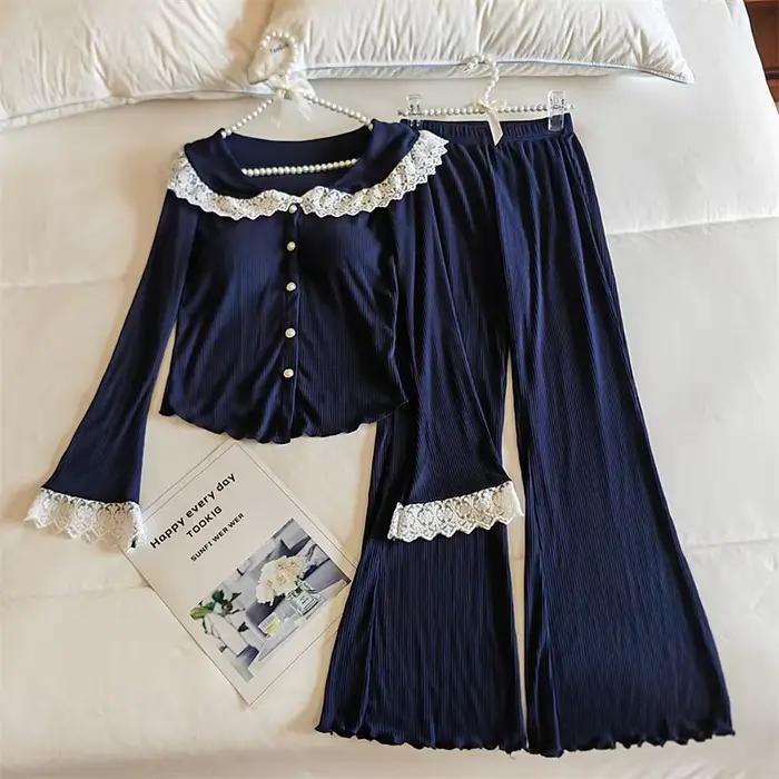 Pyjama élégant et doux pour femmes, ensemble pantalon à manches longues, boutons, coussin de poitrine, chemise, vêtements de nuit deux pièces