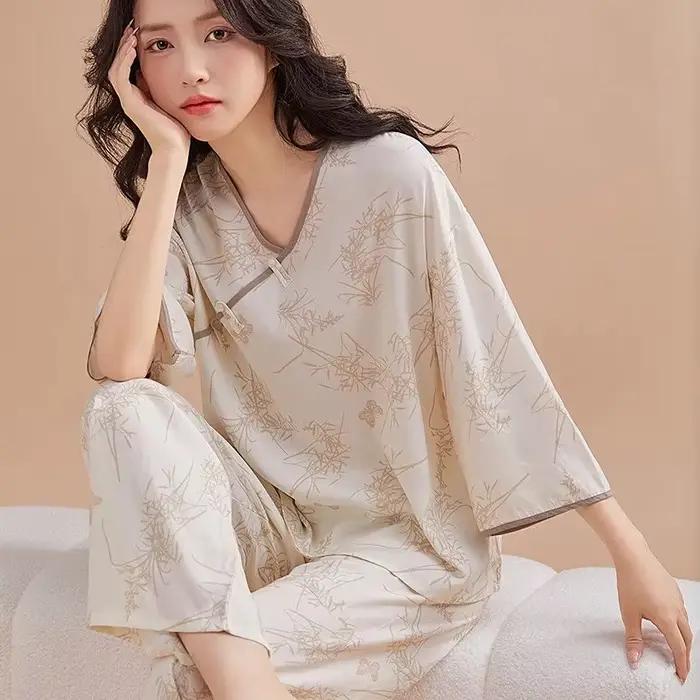 Mode imprimé femmes pyjamas ensemble décontracté coton rayonne vêtements de nuit printemps automne maison vêtements Style rétro vêtements de nuit Pijama Mujer