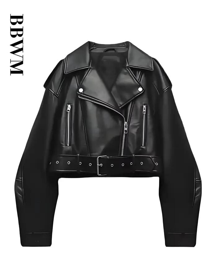 Dámska vintage voľne strihaná umelá kožená bunda krátka streetwear so zipsom a opaskom retro moto biker kabát