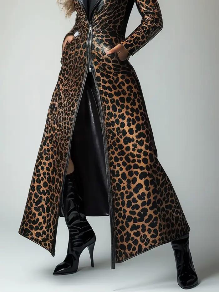 Trench-coat féminin en polyester avec motif léopard pour femmes, décontracté et élégant pour toutes les occasions