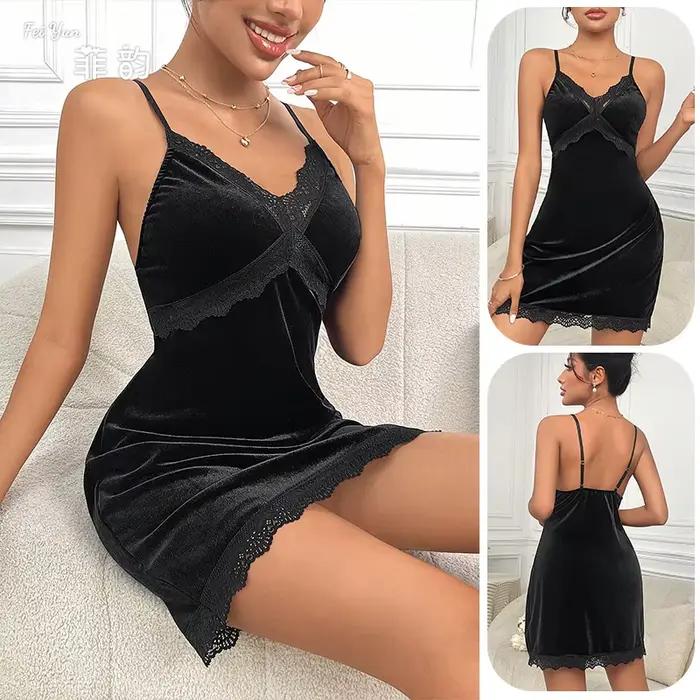Chemise de nuit en velours pour femme, chemise de nuit sexy en V profond, patchwork de dentelle, jupe à bretelles, dos nu, bretelles réglables