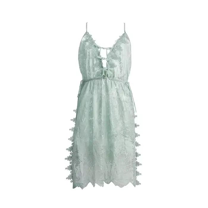 Pyjama en dentelle à fleurs vertes pour femmes, Transparent, décolleté en V profond, dos nu, Lingerie, bretelles Spaghetti avec tongs