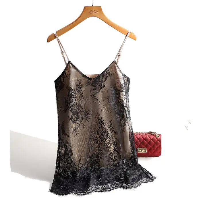 Sexi čipka Spaghetti ramienka top ženy lichotivý výstrih do V základné Cami bez rukávov Satén hodváb tielka leto Camisole g