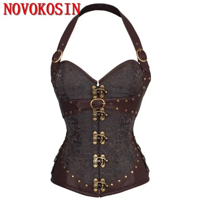 2 couleurs PU gothique licou Corselet Rivet dos pansement Corsage femmes Sexy Shaper Faux cuir érotique dentelle ferme Corsets Bustier
