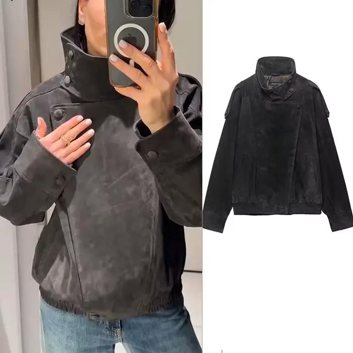 Dámska motocyklová bunda z textúrovanej kože v tmavosivej farbe