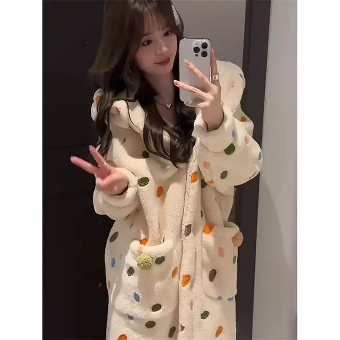 Robe à pois pour femmes, vêtements de nuit, chemise de nuit d'hiver, pyjama chaud en polaire, une pièce, à capuche, manches longues, vêtements de maison
