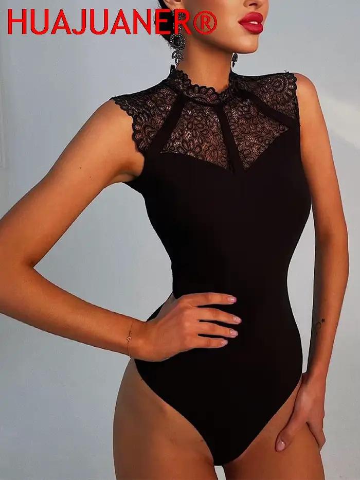 Femmes Sexy noir dentelle body barboteuses sans manches Slinky nouvelle mode moulante Wrap body