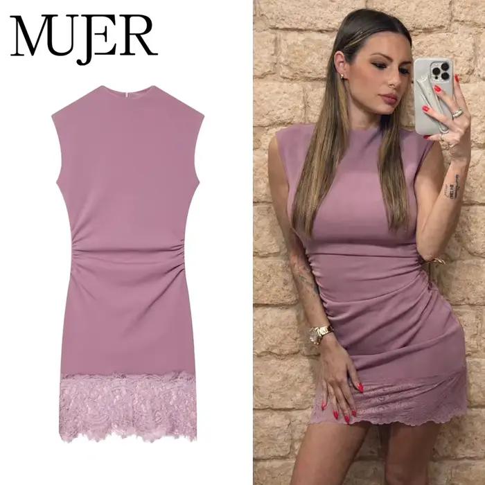 Robe Courte en Dentelle Femme 2026, Robe Moulante Froncée Sans Manches pour Soirée, Robe d'Été Courte Violette pour Femme