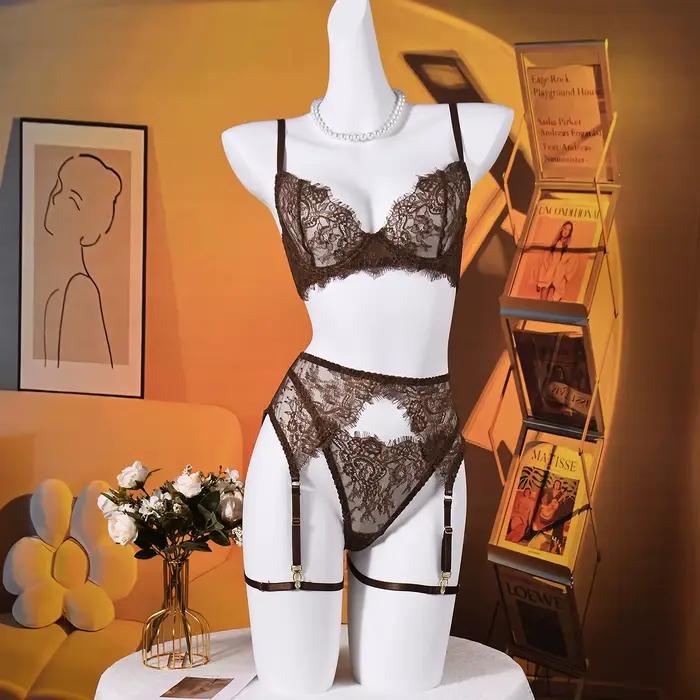 Ellolace Lingerie Solide Sexy et Élégante, Ensemble 3 Pièces avec Soutien-Gorge, Ceinture, String et Jarretelles, Sous-vêtements en Dentelle Séduisants et Mignons