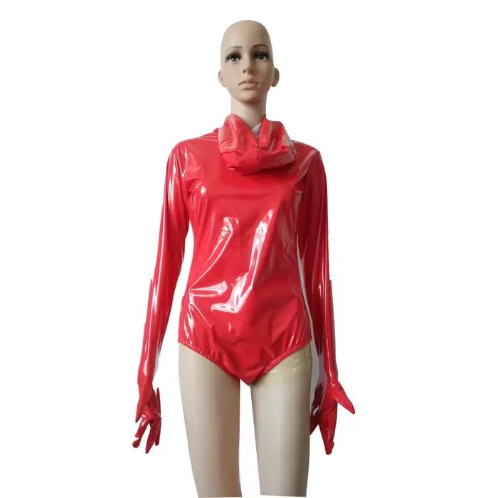 Justaucorps sexy en similicuir PVC brillant rouge pour adulte, demi-body Zentai, robe de paupières à manches longues, costume de fête, marque