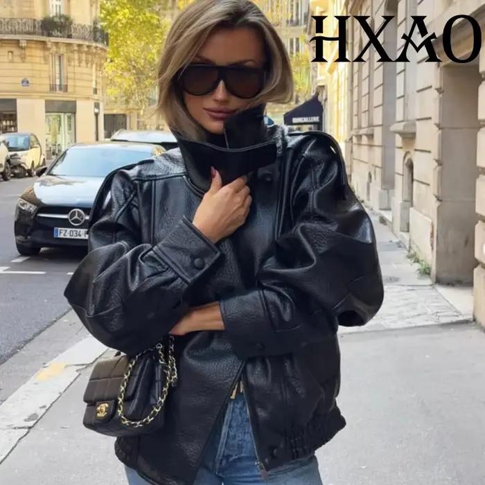 HXAO čierna bunda dámsky kabát z imitácie kože vonkajšie oblečenie Polsezónna Bomber Moto Biker