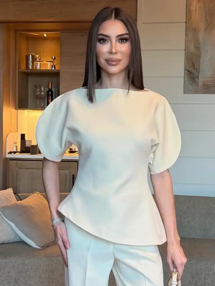 SLTNX Čierne voľné a elegantné tričká s krátkymi nafúknutými rukávmi pre ženy