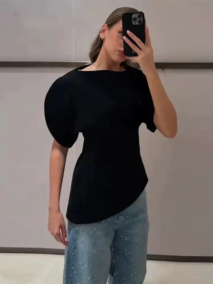 Elegantná biela blúzka s nafúknutými rukávmi a asymetrickým lemom pre ženy HH