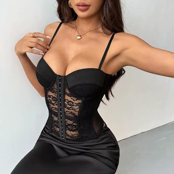 Corset bustier noir en dentelle pour femme avec bretelles amovibles, décolleté cœur, maille transparente, coupe ajustée pour tenue de club