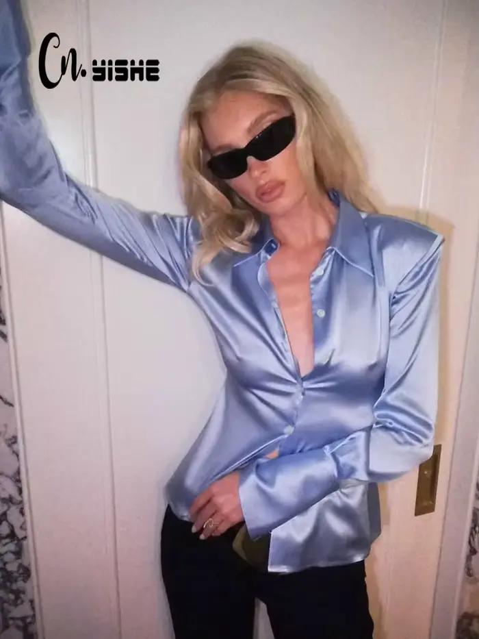 CNYISHE gombíkový výstrih O s dlhým rukávom pevný top pre ženy ležérne košele štíhle elegantné OL Sexy Club Streetwear