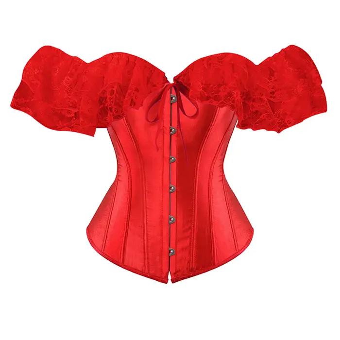 Couleur unie Satin dentelle hauts Corset Sexy épaules nues chaîne poitrine Bustier Corsets femmes Lingerie Bustiers Blalck rouge blanc Corset