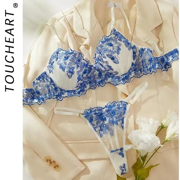 Toucheart-Ensemble de lingerie sexy pour femme, bleu, confortable, simple, dentelle
