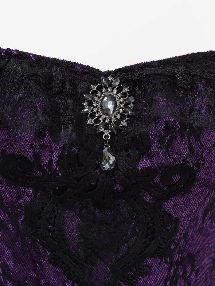 Corset gothique sans bretelles, superposition de dentelle florale, épaules dénudées, paillettes scintillantes, ourlet à boucle