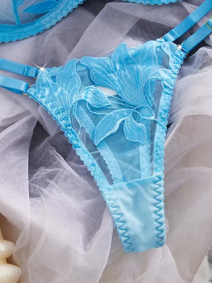 Ensemble de lingerie féminine en dentelle brodée, bleu, Pure Desire, lingerie pour adultes, ensemble de lingerie intime transparente et élégante