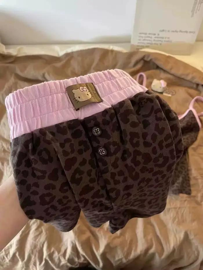 Pyjama sans manches Hello Kitty léopard design animé féminin été détente maison occasions spéciales