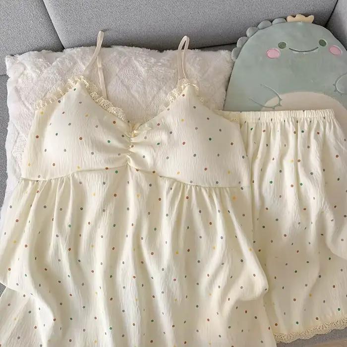 Ensemble de pyjama pour femmes, camisole colorée à pois avec coussinets de poitrine, vêtements de nuit deux pièces, col en V en dentelle, sans manches, pyjama doux et confortable