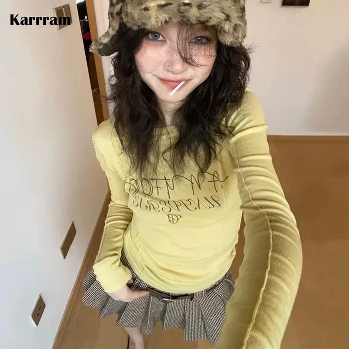 Karr233 Y2K Tričko so žltými rukávmi pre dievčatá Streetwear