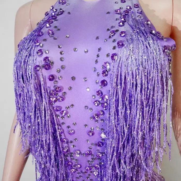 Costume de danse pour femmes, tenue de scène, combinaison extensible, justaucorps à franges, vêtements de performance, strass scintillants, franges, vêtements de boîte de nuit