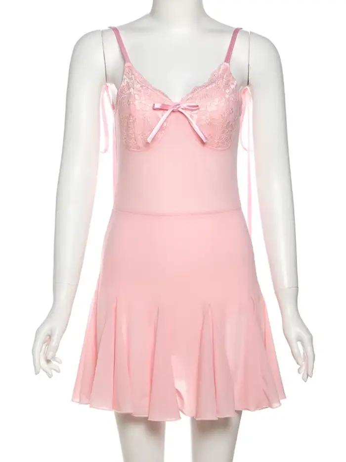 Nibber Doux Dentelle Patchwork Robe Femmes Dos Nu Arc À Lacets Sans Manches Slim Plissé Solide Minuit Clubwear Partie Mini Moulante