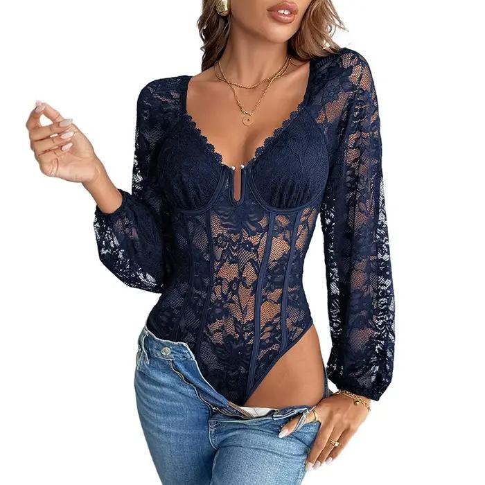 Nouveau Body en Dentelle Sexy pour Femme, Col en V, Bordure en Dentelle, Coupe Moulante, Haut Basique pour Superposition, Style Européen et Américain, Bodys pour Femmes