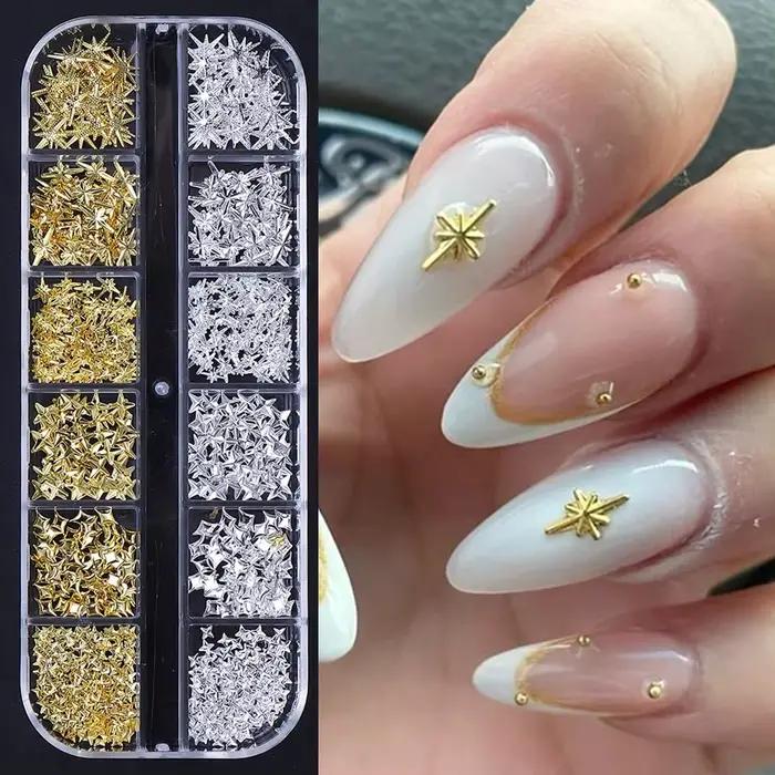 12 ks zlaté strieborné hviezdy prívesky na nechty 3D kovový nit hviezda Nail Art dekorácia Y2K štýl Punk doplnky