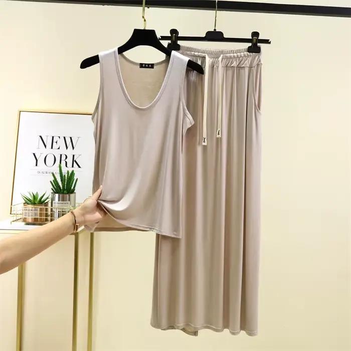 Pyjama pour femmes, nouveau ensemble de vêtements de nuit d'été confortable en modal, sans manches, avec pantalon, 2 pièces, Conjuntos De Pijama