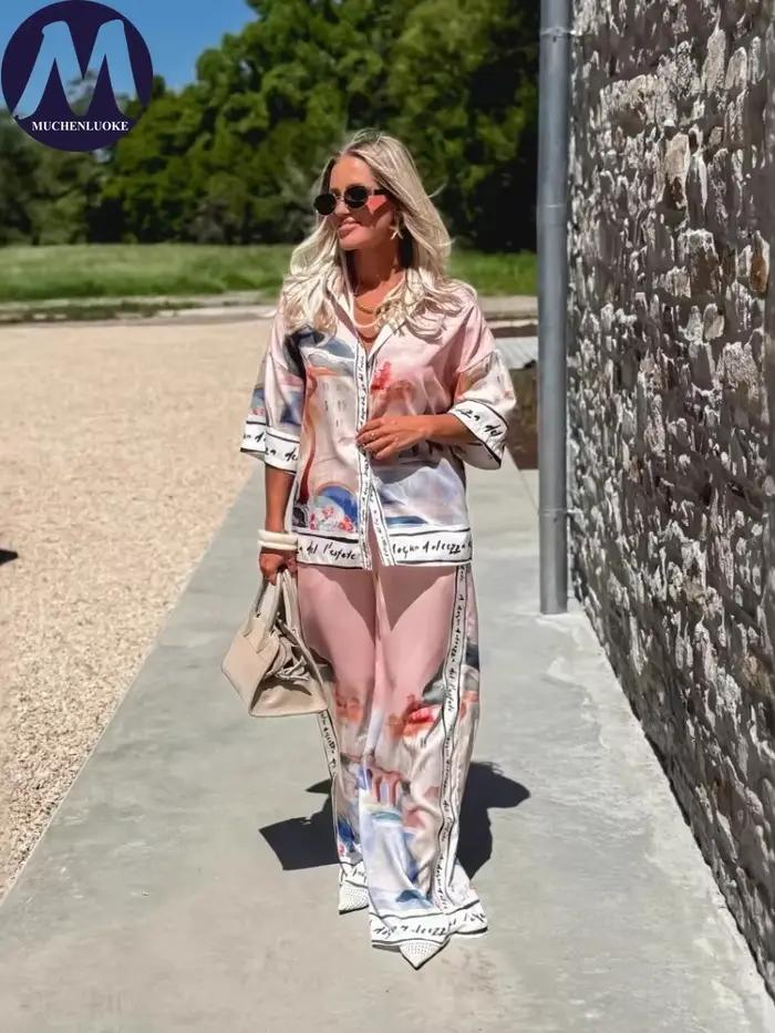 Dvojdielny letný set pre ženy - nový elegantný potlačený polorukávový top a voľné nohavice