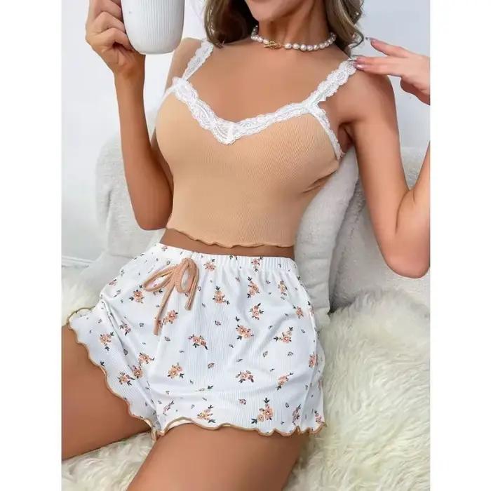 Dámsky 2-dielny pyžamový set ružová čipka patchwork výstrih do V nočné oblečenie Sexy nočná košeľa kostým Cami top s