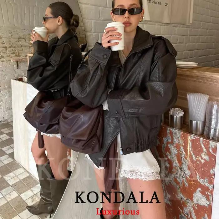 KONDALA ležérne elegantné čierne kožené bundy pre ženy s dlhými rukávmi