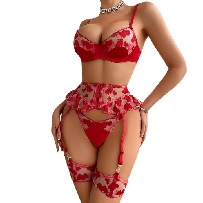 Ensemble de lingerie érotique brodé Cœur Rouge pour femme, 4 pièces : Soutien-gorge push-up à armatures, Harnais de taille sculptant, Culotte et Jarretière, Sous-vêtements sexy