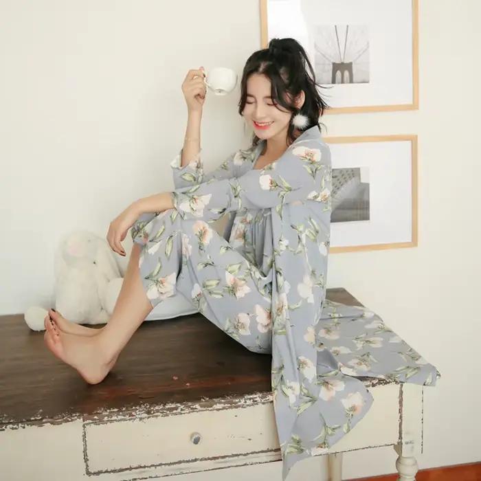 3-dielne ženské japonské kimono pyžamo z bavlny