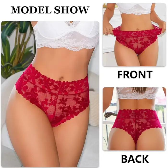 FINETOO Lot de 4 culottes sexy en dentelle florale pour femme, taille haute, ajourées, en tissu doux et respirant, lingerie de couleur unie