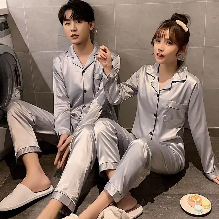 Pyjamas de couple en satin doux et confortables pour homme et femme, pour dormir ou se détendre à la maison, pour les saisons printemps, été et automne