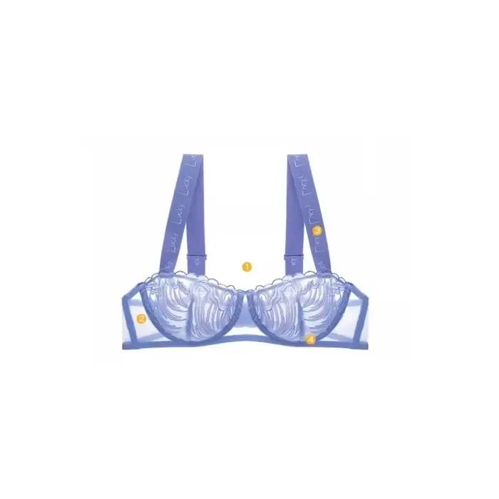 MOYISU Ensemble soutien-gorge et culotte en dentelle bleu porte-bonheur français – Bralette transparente demi-tasse, lingerie sexy ultra fine pour femme, sous-vêtements romantiques