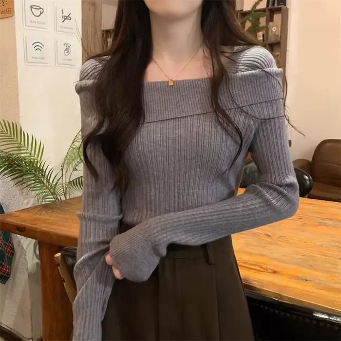 Pevný Sexy tenký s odhalenými ramenami Strih výstrihu s dlhými rukávmi pletený sveter pre ženy svetre do kancelárie móda nový