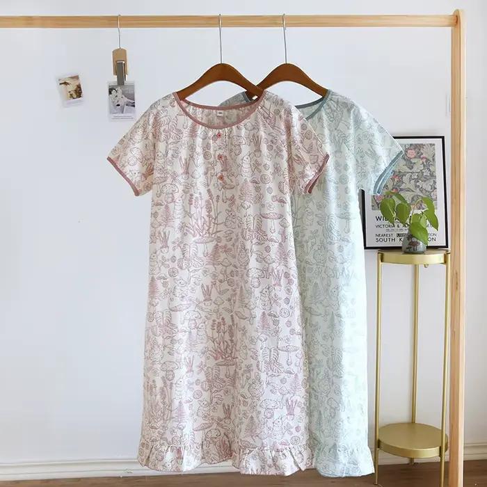 Chemise de nuit pour femme 1 pièce, robe de nuit décontractée en gaze de coton, manches courtes et coupe ample, légère et respirante, pour la maison en été