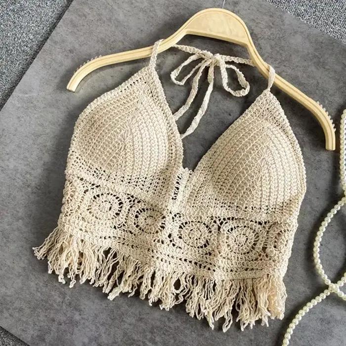 Sexy Boho plážové prázdniny Camisole lano ženy Háčkovaný pletený plavkový podprsenka holý chrbát vesta dutý strapček top